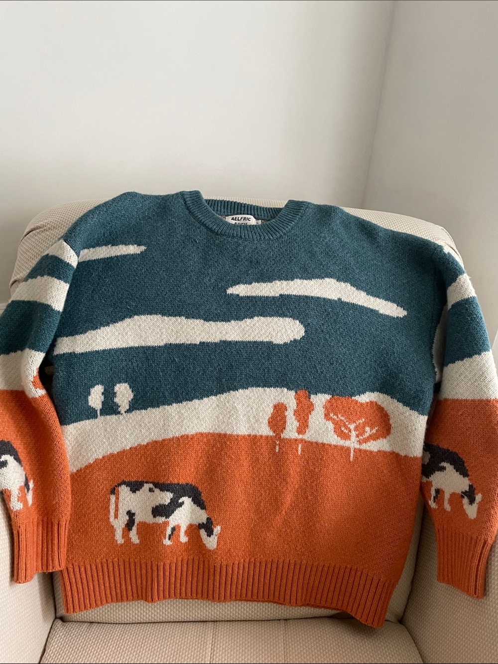 Aelfric Eden Teal, Orange & Cream Scenic Cow Crewneck Sweater